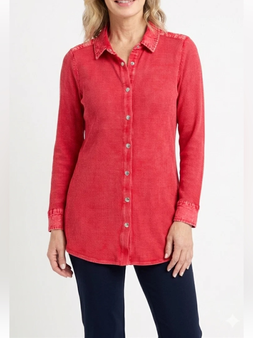PBJ BLUES Mineral Wash Red Longline Snap Button Front Knit Tunic w/ Denim Trim S